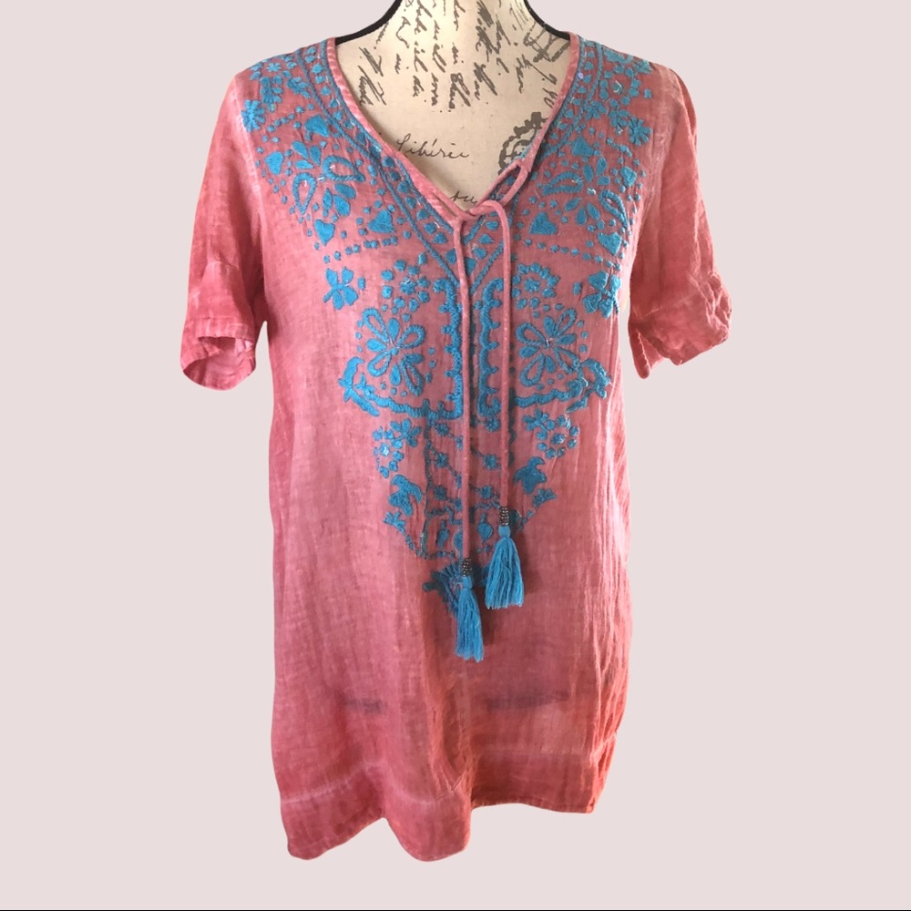 Soft Surroundings Pink Cotton Tunic W Blue Embroidery Size S